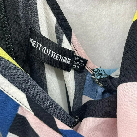 Prettylittlething Midi Dress Sz 6 Black Pink Yellow Striped V-Neck Ruffle Hem - Picture 9 of 10